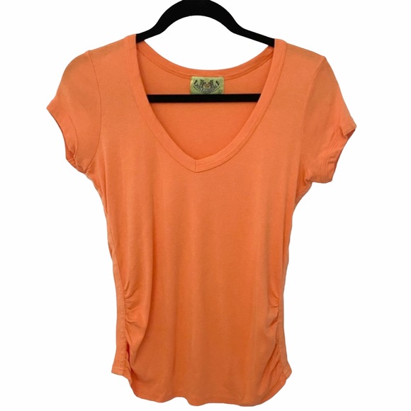OG: Juicy Couture ✌︎︎ V Neck Tux Stripe Baby Tee T Shirt ✌︎︎ Orange Pop ✌︎︎ M L - Picture 10 of 12